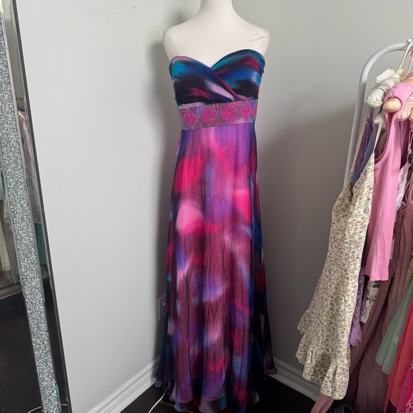 Jovani Strapless Watercolor Maxi Dress – Fairycore Formal Gown 10 silk - Picture 2 of 13